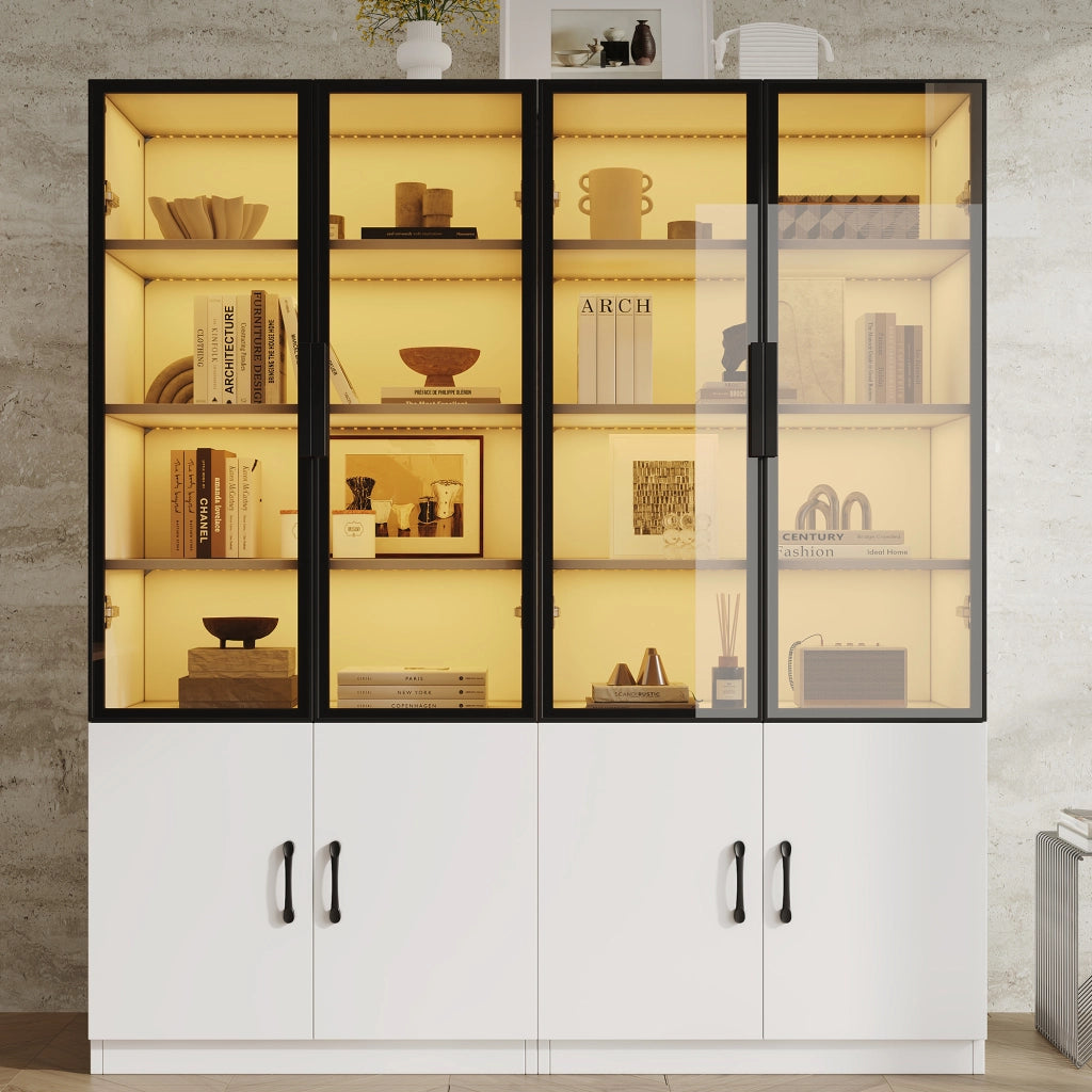 Vetrina con LED e ante in vetro fumé, struttura in truciolare e alluminio, bianco, a due porte inferiori, 120 × 40 × 160 cm