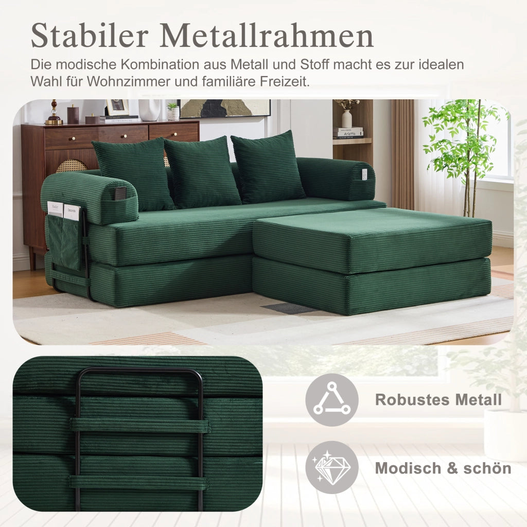 DIVANO Modulare 200x190x67 cm Corda Verde Smeraldo con pouf e 3 cuscini