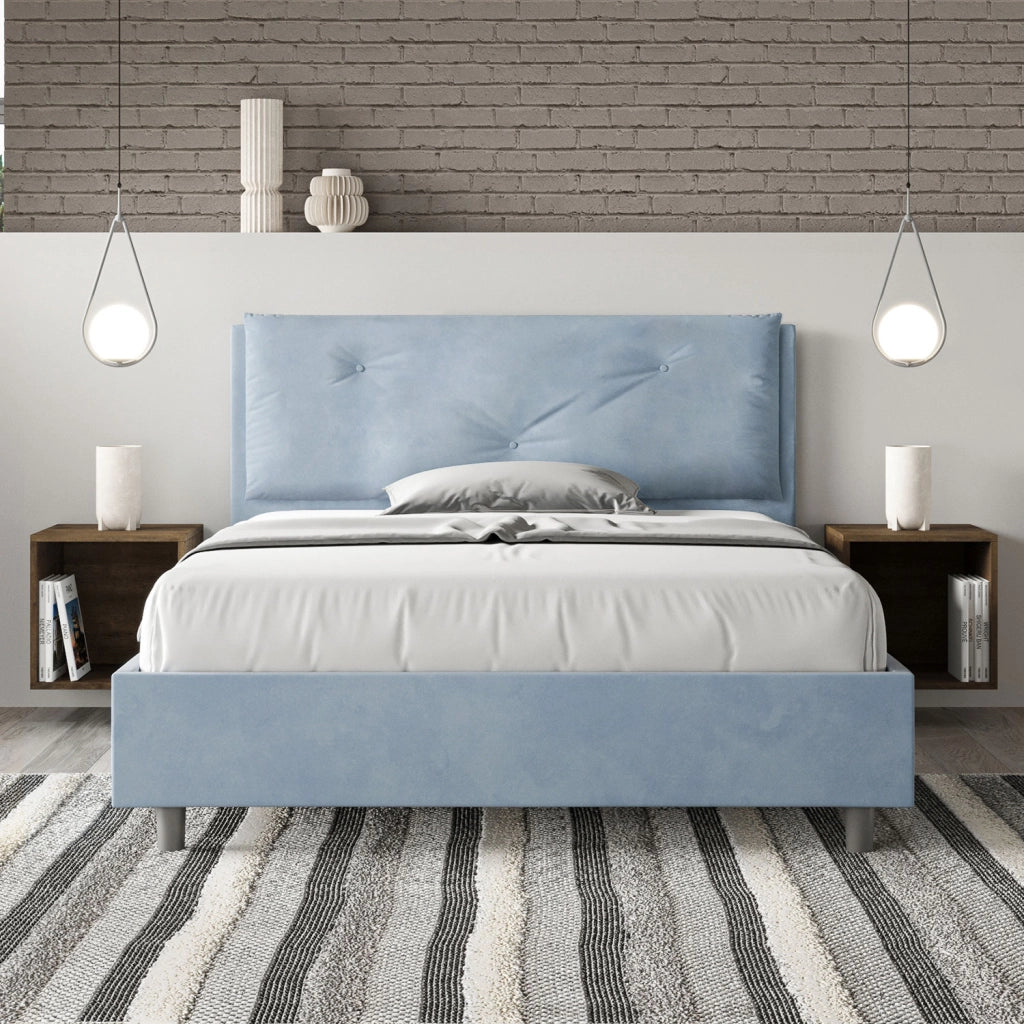 BS COM Letto matrimoniale francese senza rete imbottito 140x190 microfibra azzurro Large