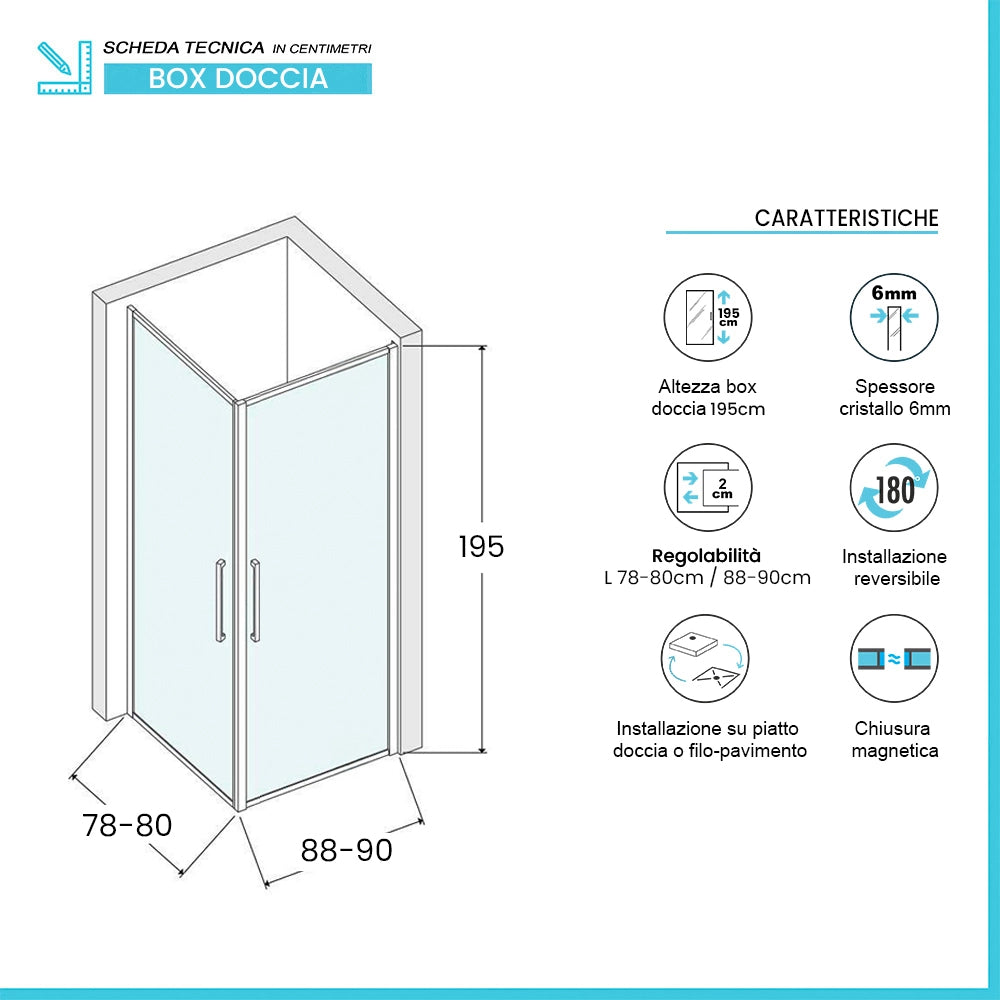 Box doccia angolare 80x90 in vetro temperato  doppio battente con profili nero Neos