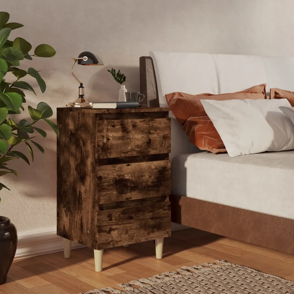 Set di 2 Comodini | Armadio da Notte | Mobiletto da notte con Gambe in Legno Massello Rovere Fumo 40x35x69cm