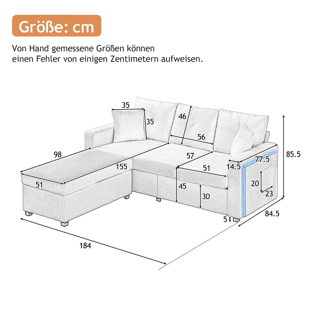 Set divano LED - Xylo - 3 posti + pouf, modulare a L