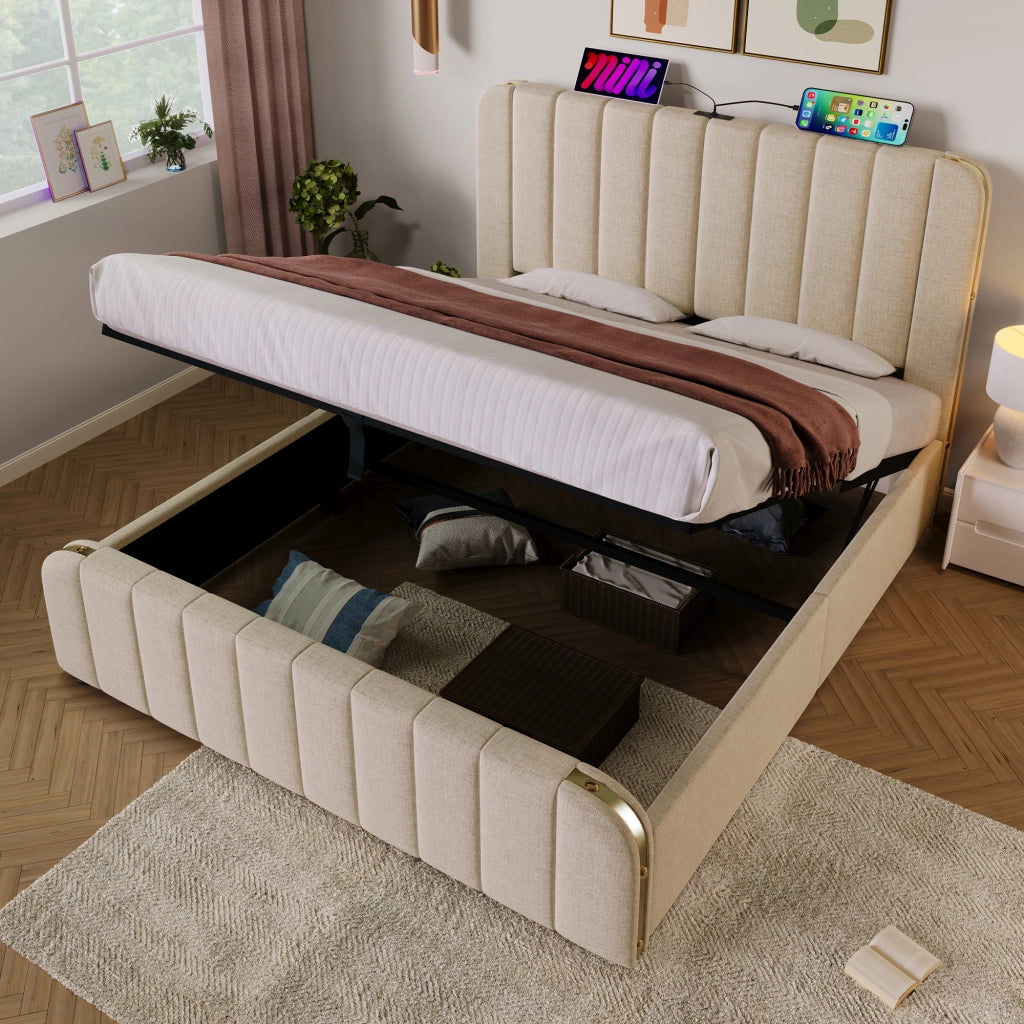 LETTO Contenitore imbottito 140x190 cm beige con USB e Type-C