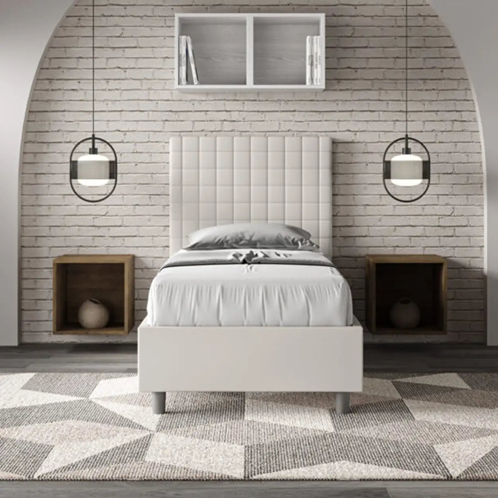 Letto singolo contenitore imbottito 90x190 similpelle bianco Sunny