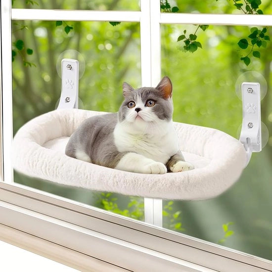 Supporto per gatto da parete e finestra, con ganci e cuscino a molle rimovibile, per gatti fino a 15 kg, pieghevole, dimensioni 30 x 52 cm, colore bianco