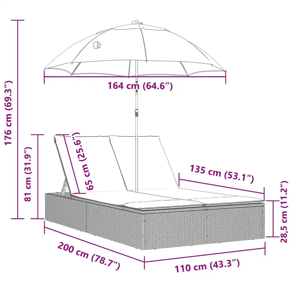 Lettino Prendisole Doppio Cuscini e Parasole Marrone Polyrattan 368087