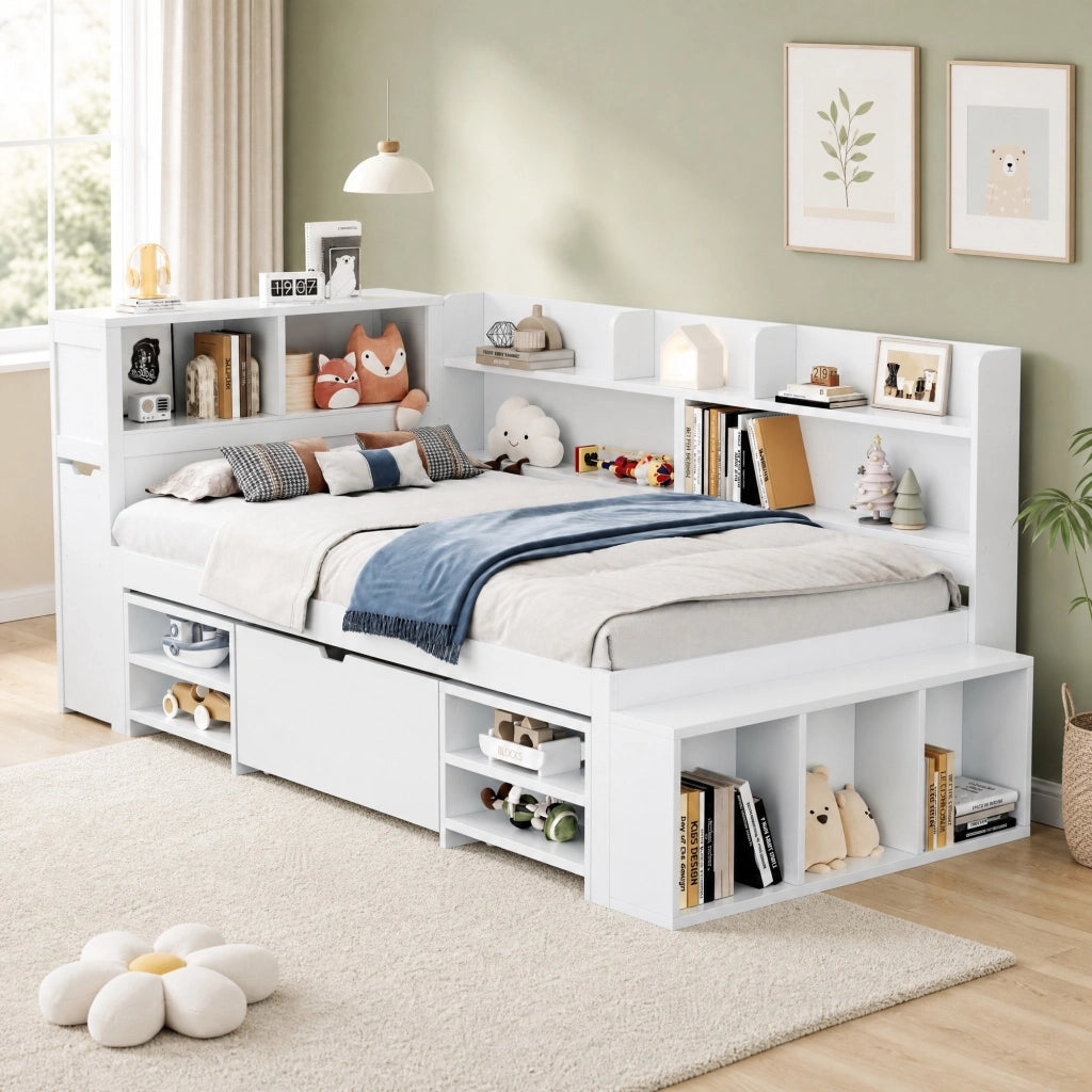 LETTO Multifunzione 90x200 cm Bianco con cassetti e libreria