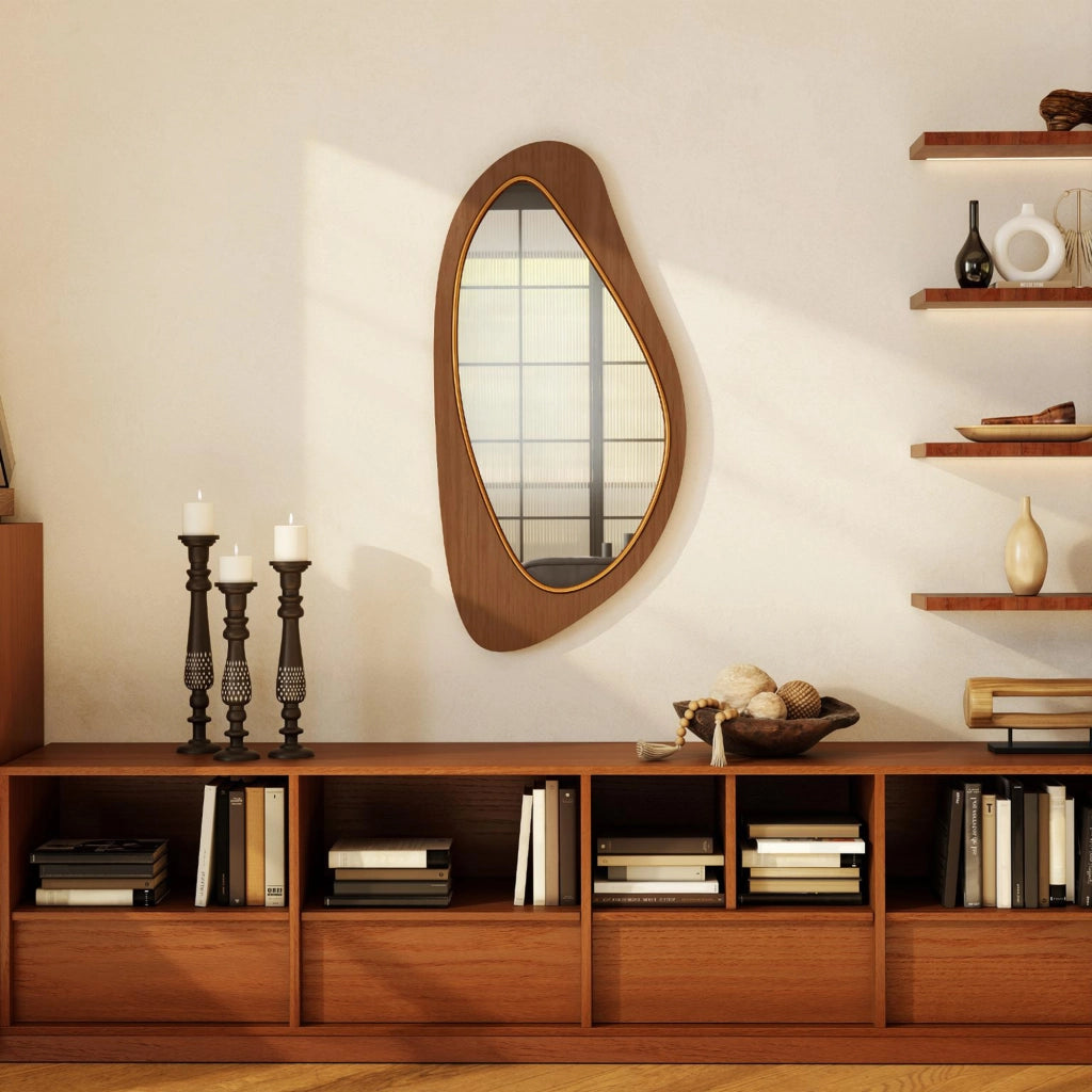 Specchio da Parete Asimmetrico ¨C Xylo ¨C Cornice in Legno Naturale 91,5x45 cm