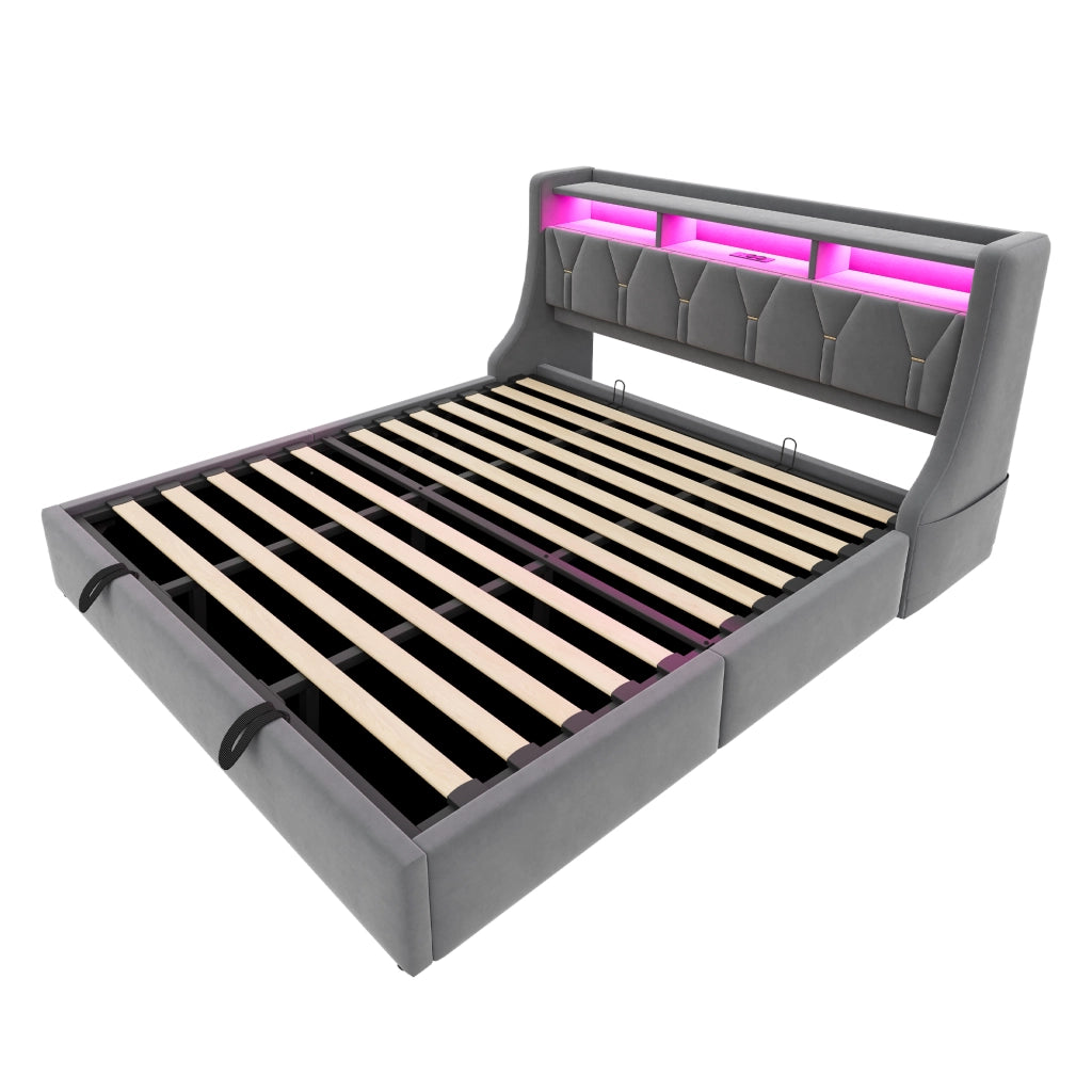 DESMIU Letto Matrimoniale 180 × 200 cm con Contenitore idraulico, USB, Type-C, LED, senza materasso, in velluto, grigio