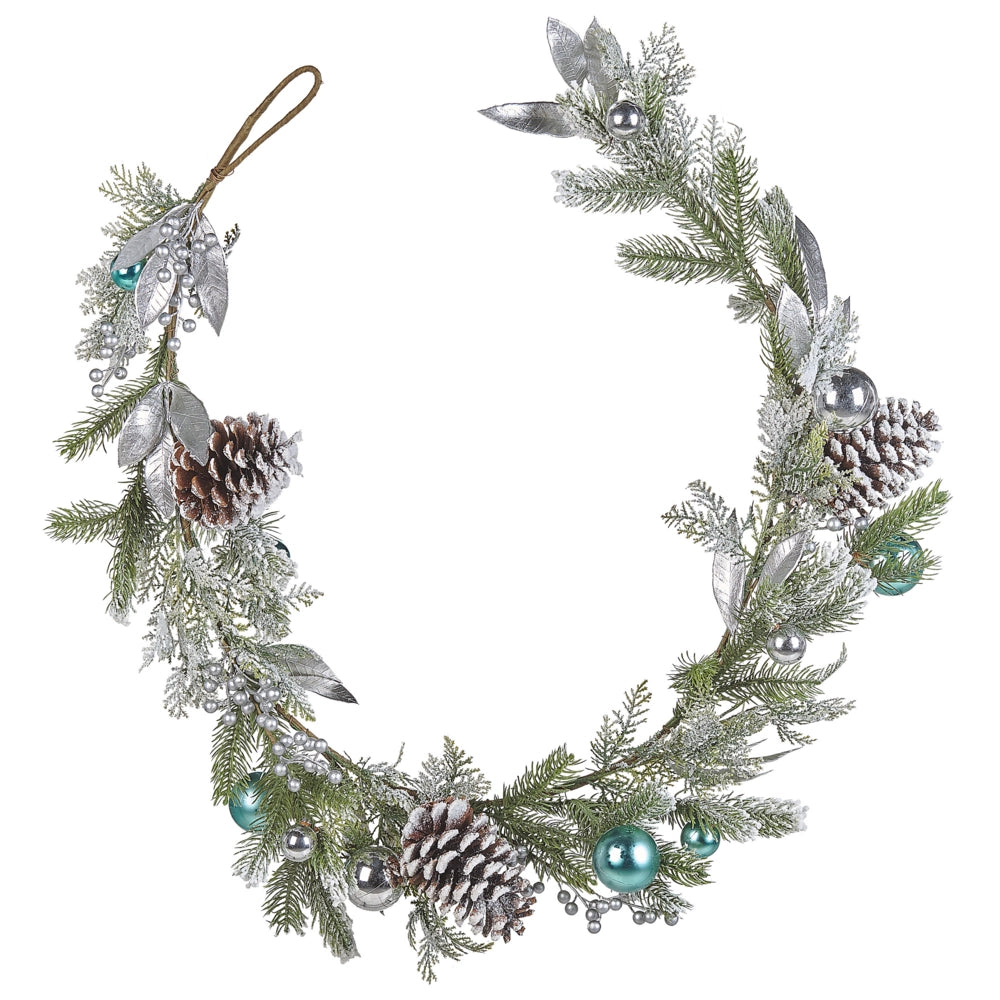 Festone di natale artificiale verde argento materiale sintetico 150 cm con addobbi innevati