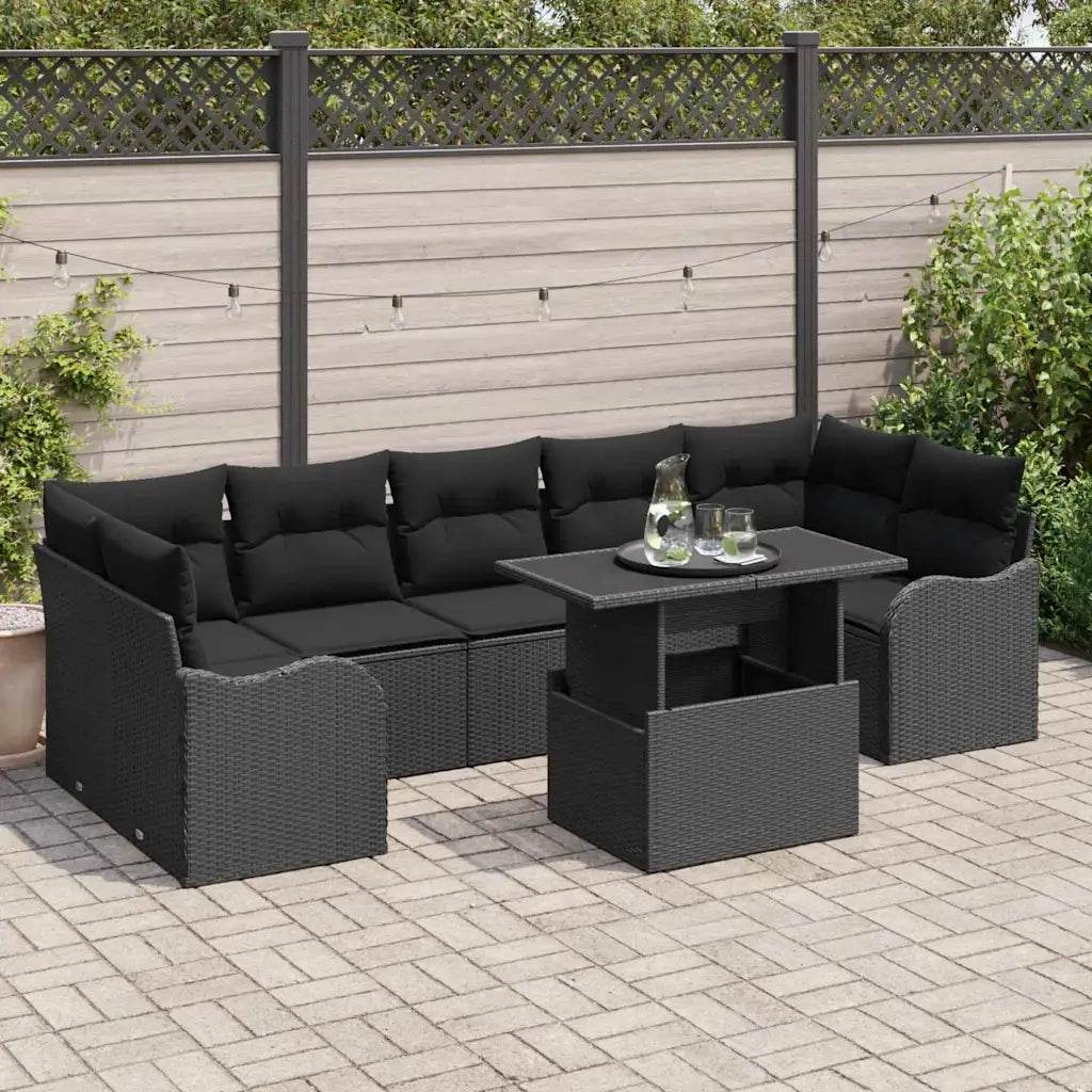Set Divano da Giardino con cuscino 8 pcs Nero Poly Rattan