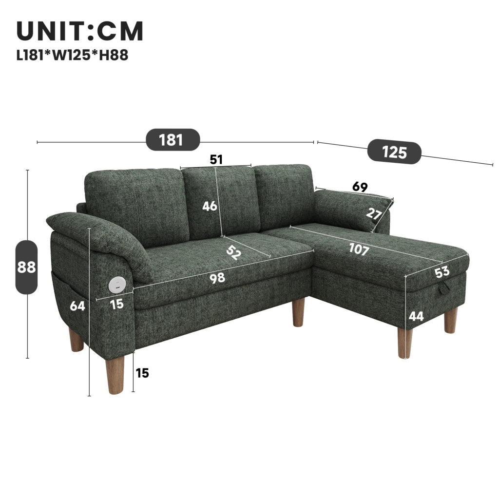 Divano angolare modulare 3 posti con chaise longue contenitore; USB/Type-C; verde