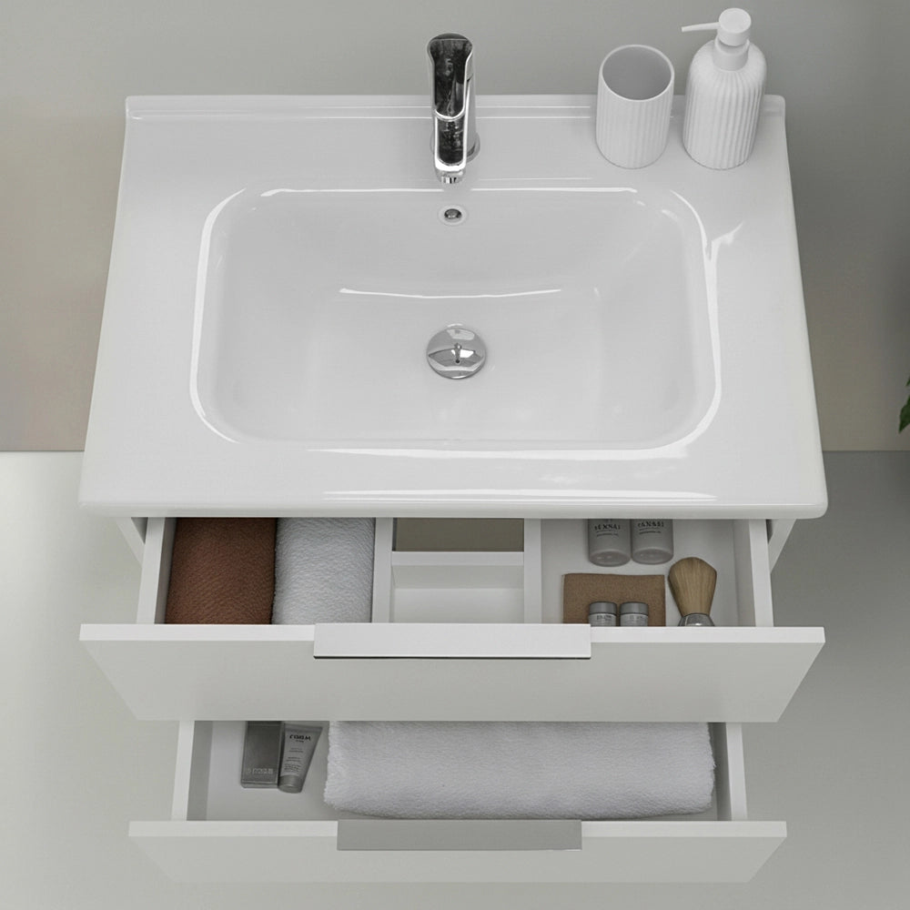 Mobile bagno sospeso 100cm bianco opaco con cassetti soft-close lavabo e specchio Elva