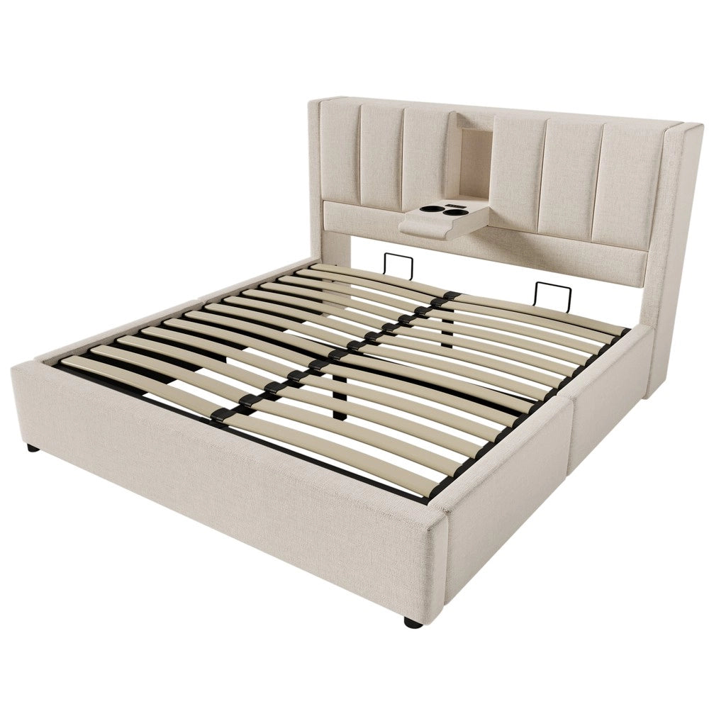 Letto Contenitore Imbottito 140x200 ¨C MINIMAL ¨C Idraulico, con Rete, Beige