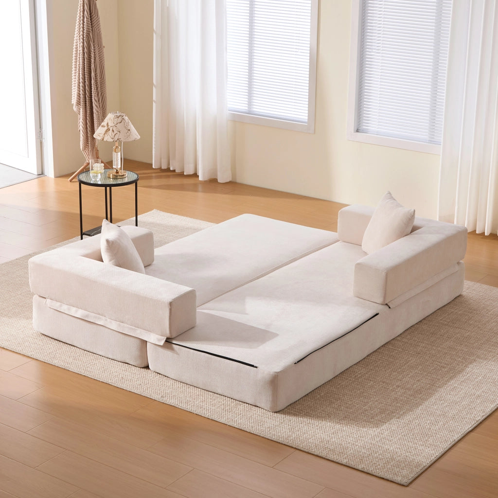 divano modulare in chenille con tasche laterali e base antiscivolo; beige