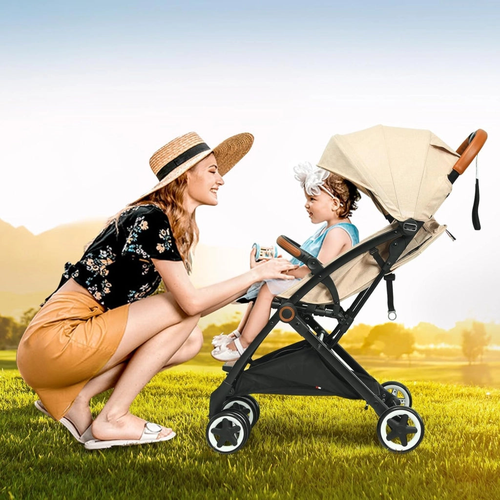 Passeggino Pighevole per Bmabini, Passeggino con Schienale e Poggiapiedi Regolabili, Passeggino Leggero Portata 15 kg, con Cappottina e Zanzariera, per Bambini 0-3 Anni (Beige)