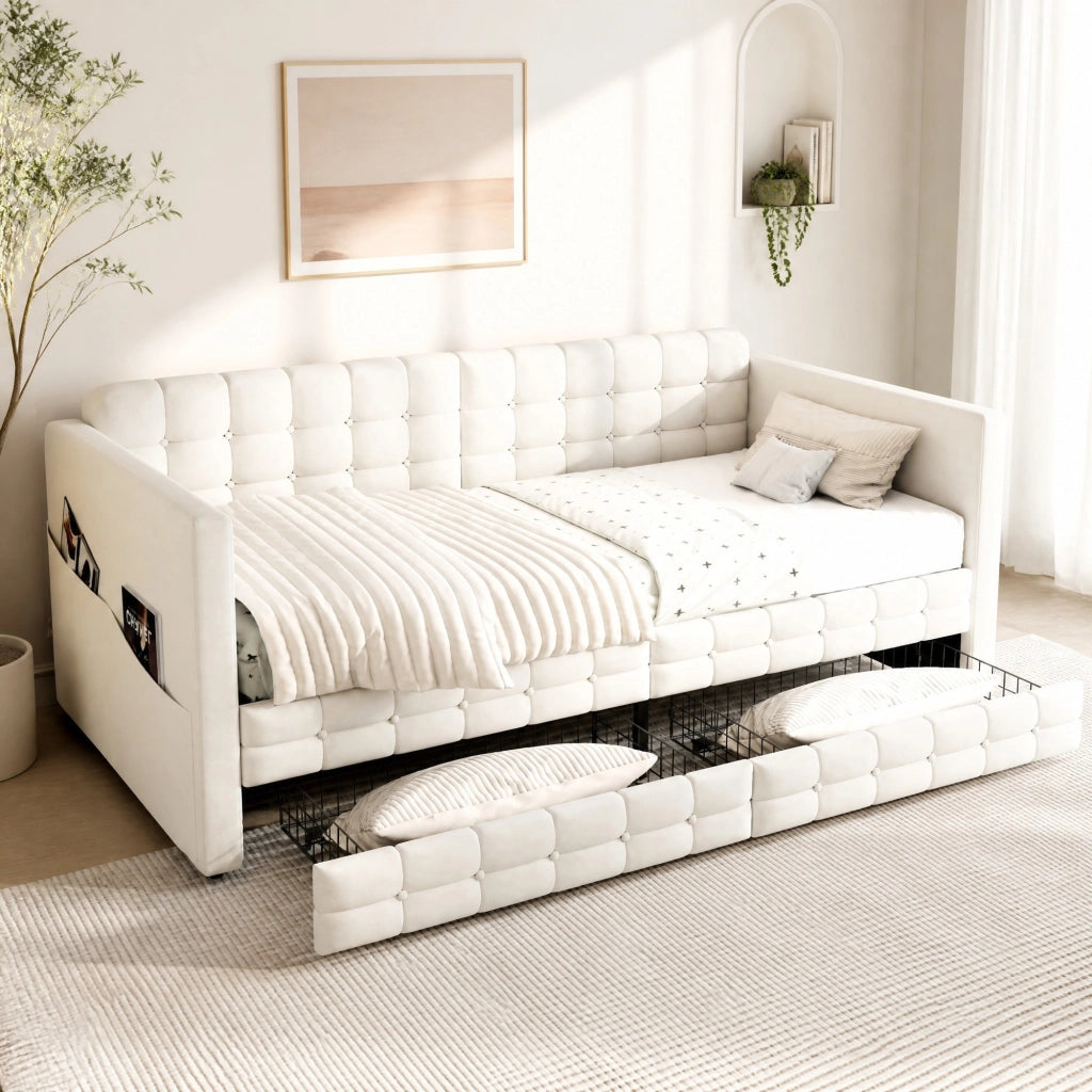 LETTO Imbottito 90x190 cm Beige con tasche laterali e 2 cassetti