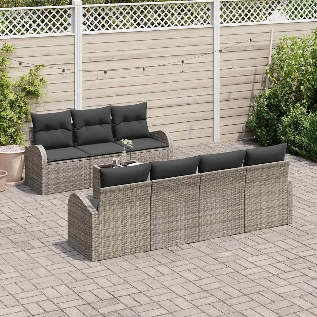 Set Divano da Giardino 8 pcs Grigio Polyrattan, Acciaio e Vetro