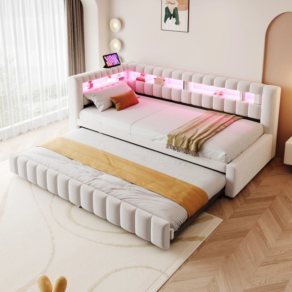 LETTO IMBOTTITO ESTRAIBILE 90x200 cm Velluto Beige con LED e porte USB/Tipo-C