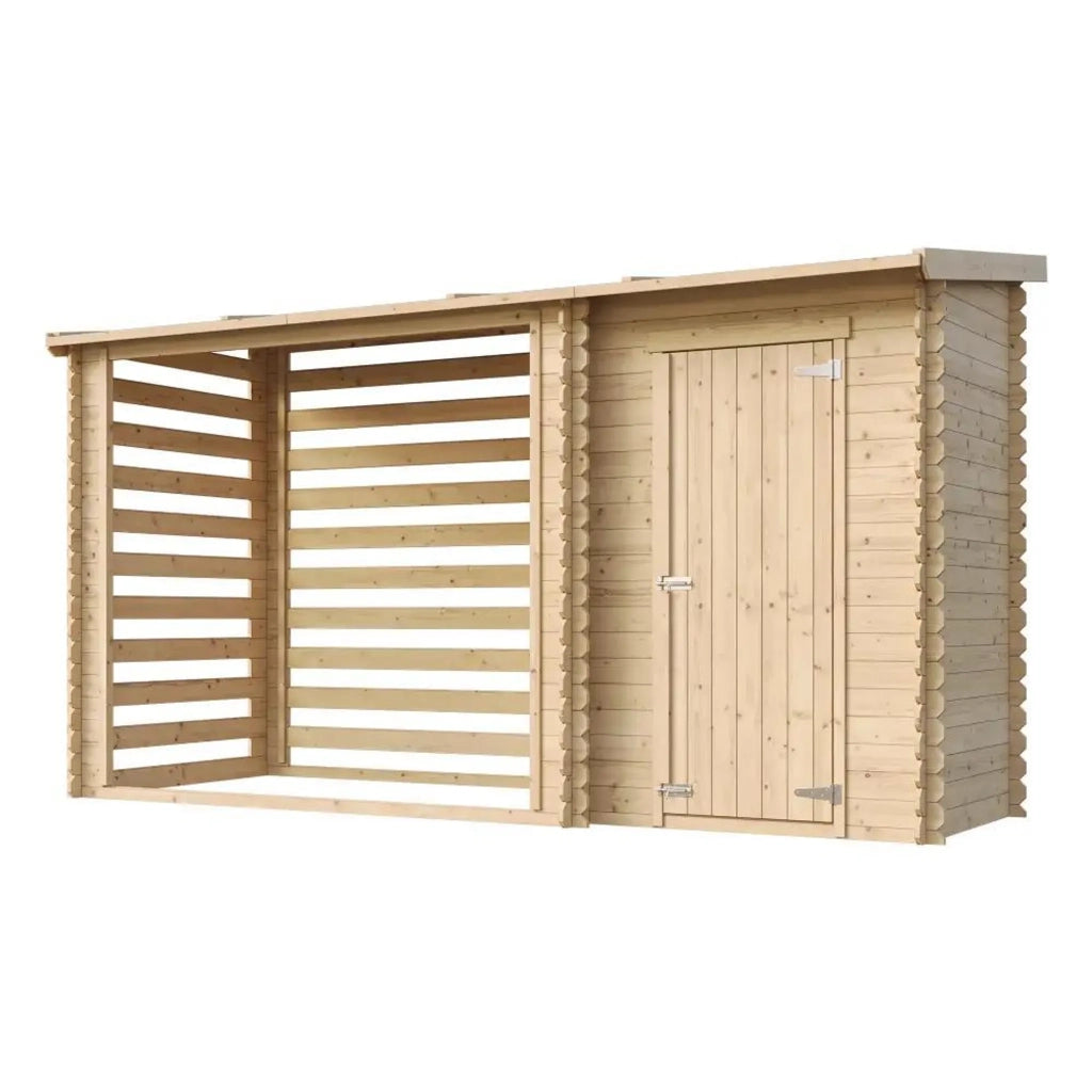 Casetta da Giardino in Legno per Esterni con legnaia- A199x348x146 cm - 2,54 m2+1,1 m2 - TIMBELA M205