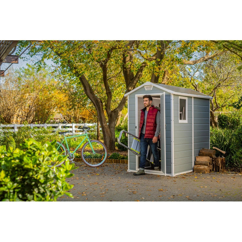 Casetta da giardino in resina effetto legno 130x192x198 cm - con pavimento rialzato e finestra laterale - Grigio – Keter