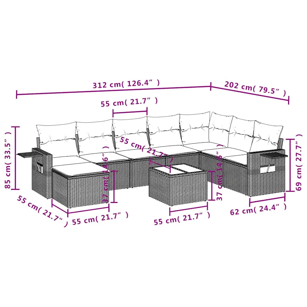 Set Divani da Giardino 9pz con Cuscini Marrone in Polyrattan 3220572
