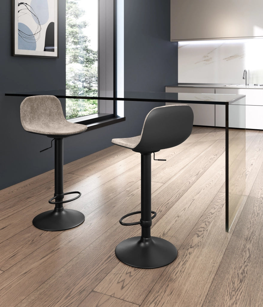 Sgabello Moderno Teo con Alzata a Gas, Rivestimento in Microfibra Beige e Struttura in Metallo Nero, Seduta Regolabile in Altezza