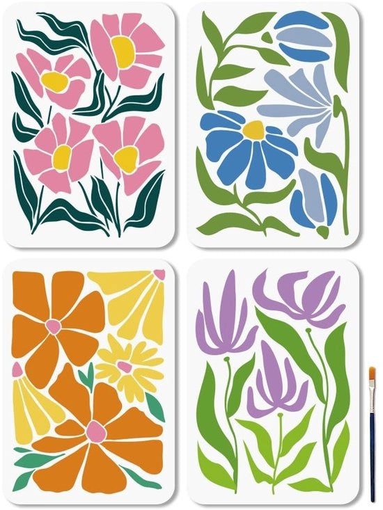Set di stencil per fiori - 4 pezzi stencil riciclabili - 29,7 × 21 cm - Plastica - Disegno floreale boho - Inclusa spazzola per vernice - Stencil per pittura