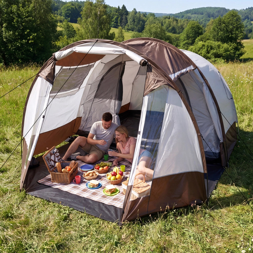 Tenda da campeggio con finestre ventilata picchetti e borsa da trasporto, Tenda a tunnel familiare impermeabile per 4-6 persone
