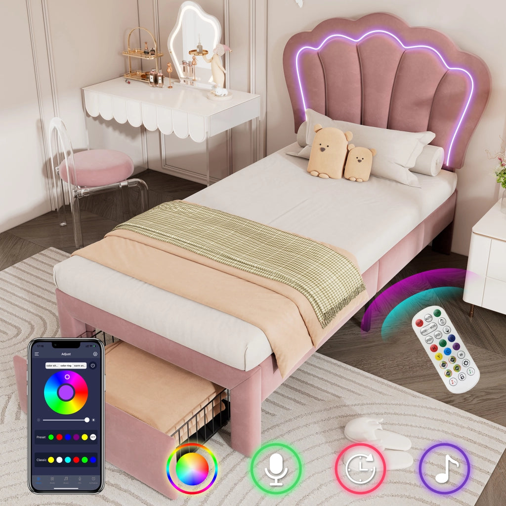 Letto Singolo Imbottito con Cassetti e LED ¨C MINIMAL ¨C Velluto Rosa 90x200