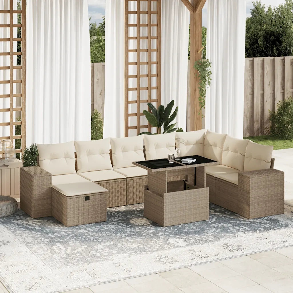 Set Divano da Giardino 9 pz con Cuscini Beige in Polyrattan