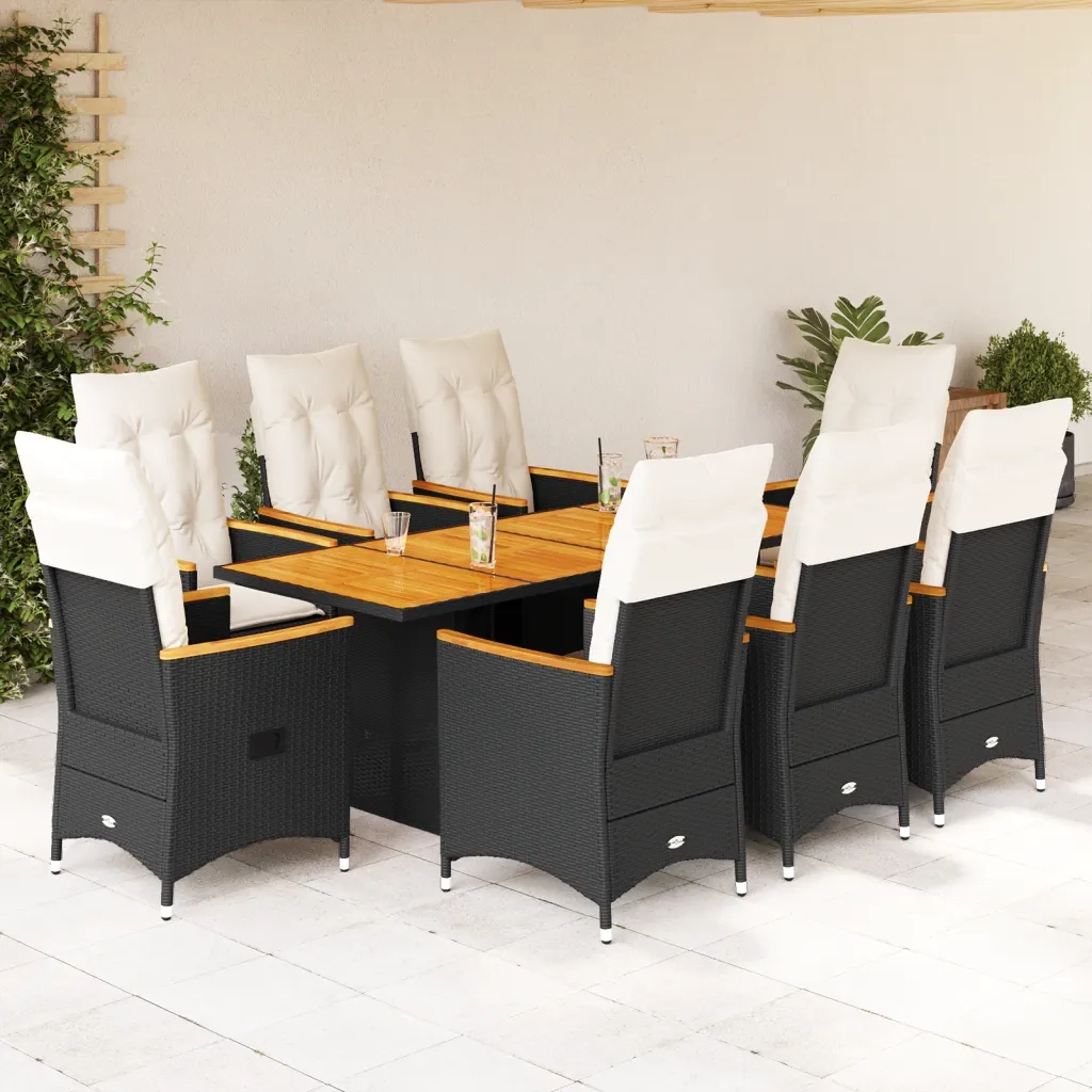 Set da Pranzo da Giardino 9 pz con Cuscini Nero in Polyrattan 3276841