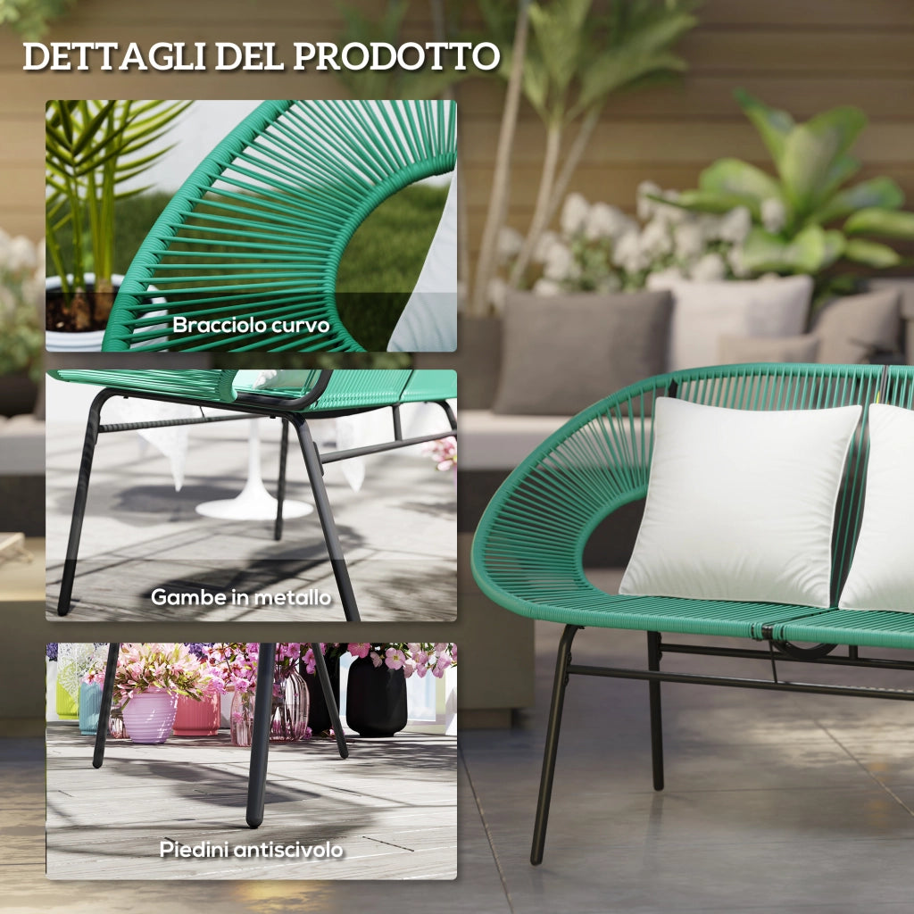 Divano da Giardino 2 Posti 132x72x83 cm con Cuscini e Braccioli in Rattan PE e Acciaio Verde