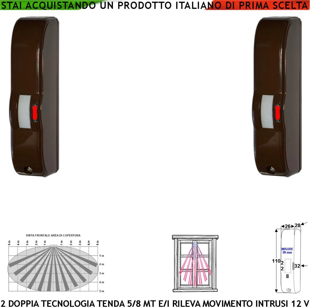 Doppia Tecnologia Tenda Marrone Infrarosso e Microonda Gatewatch Portata 5 MT 2 Pezzi Sensori Movimento Ladri Rampa Scala Coperto Rileva Intrusi Invia Allarme Alimen. 12 V Assorb. 10 mA Cover ABS IP44