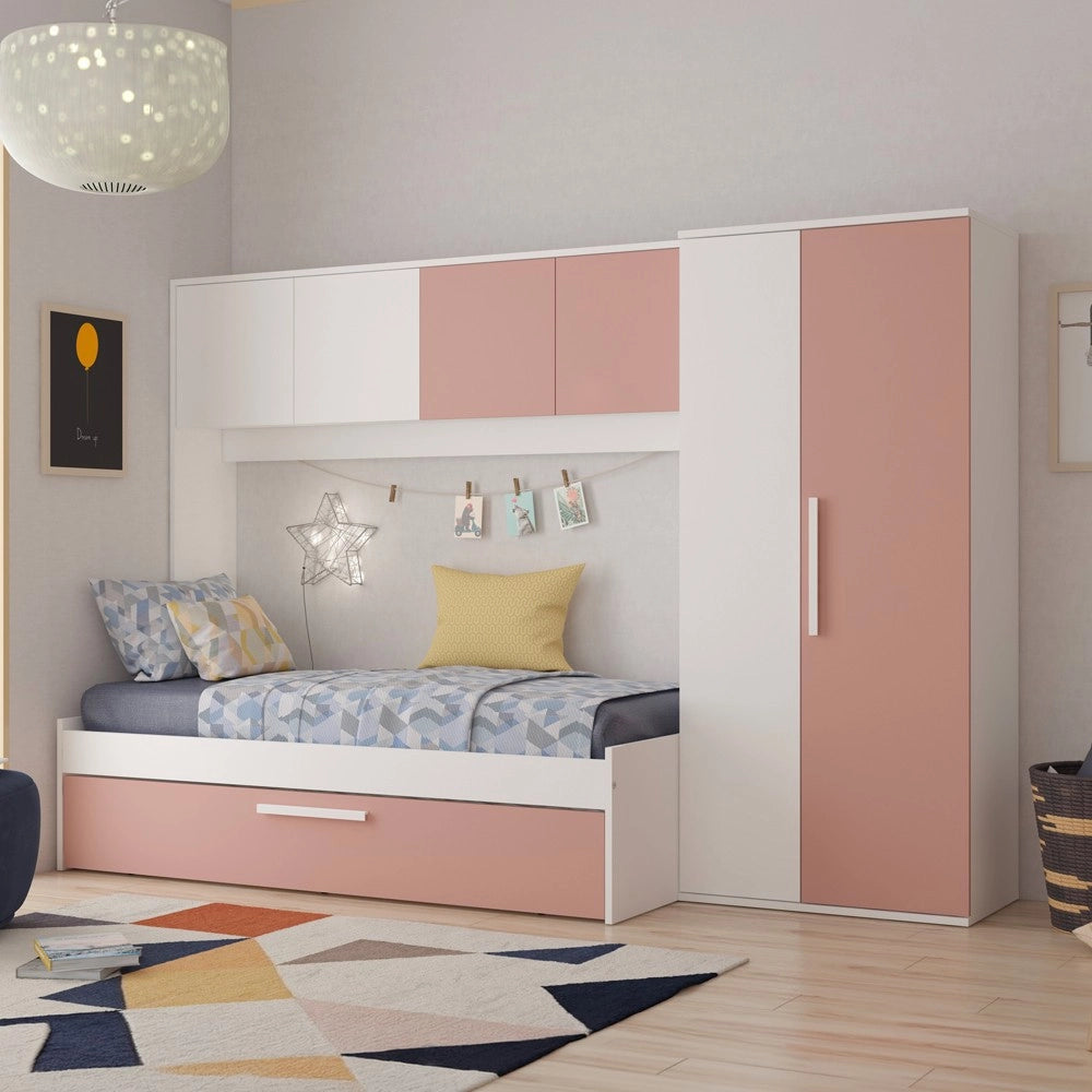Cameretta a ponte con letto estraibile 6007 colore bianco e rosa antico reversibile