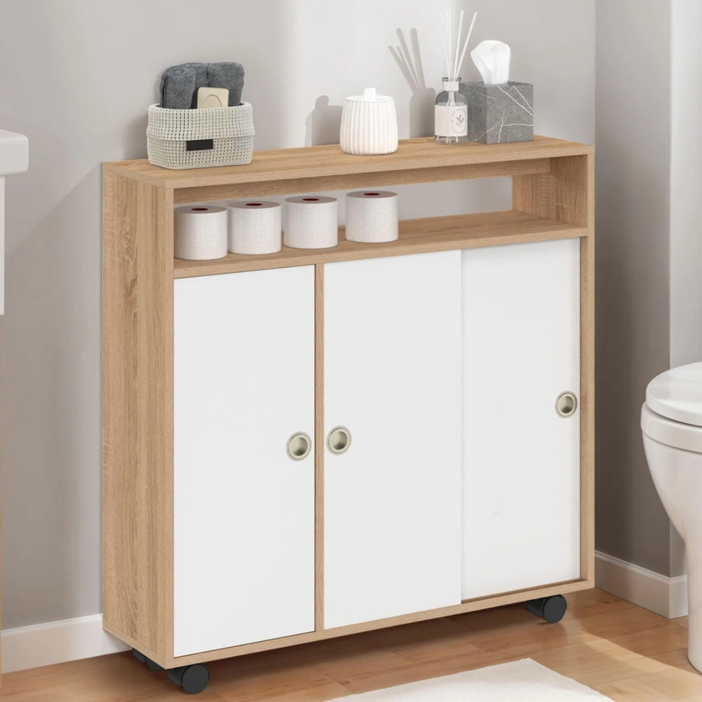 IDMarket - TOMI mobile laterale con rotelle per bagno struttura in faggio piano bianco