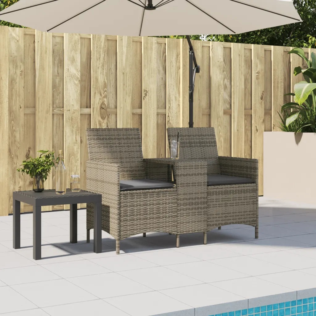 Divano Giardino 2 Posti con Tavolo e Cuscini-Sofa da Giardino-Divanetto da esterno Grigio Polyrattan