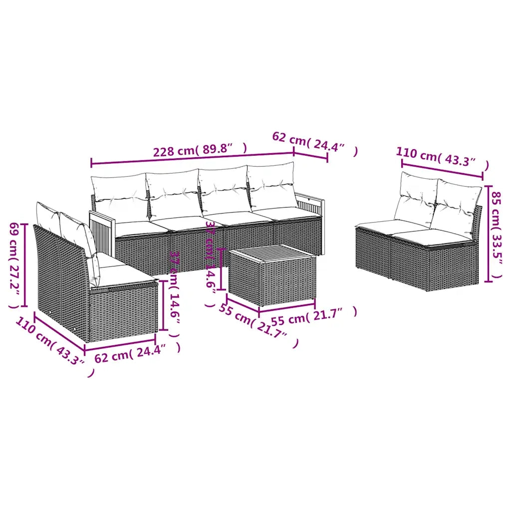 Set Divani da Giardino 9 pz con Cuscini Nero in Polyrattan 3227576