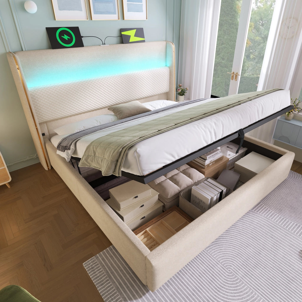LETTO Contenitore idraulico 160x200 cm con LED e USB/Type-C in lino beige