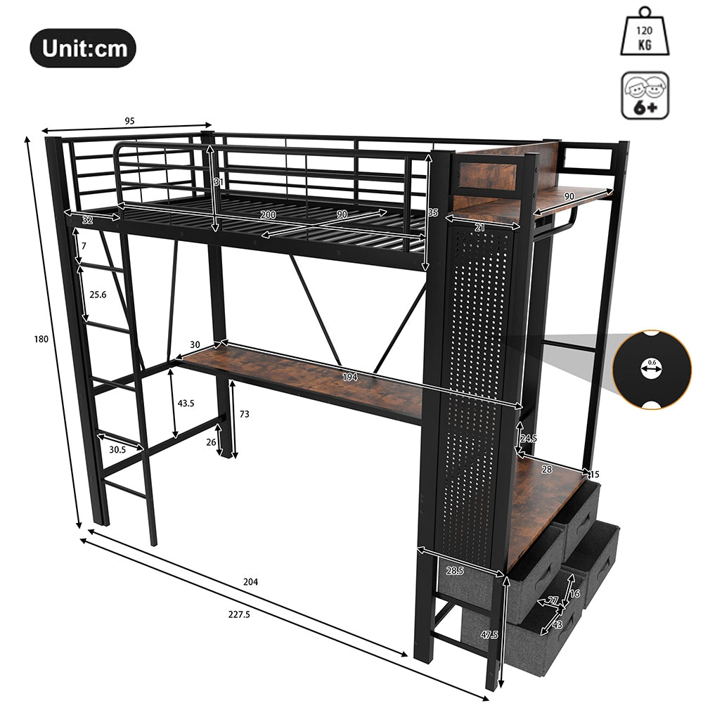 Letto a soppalco - Xylo - 90x200 cm scrivania USB nero