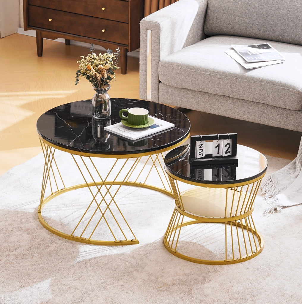 Tavolini da salotto 70x70x47 cm e 45x45x40 cm; set impilabile effetto marmo; MDF nero