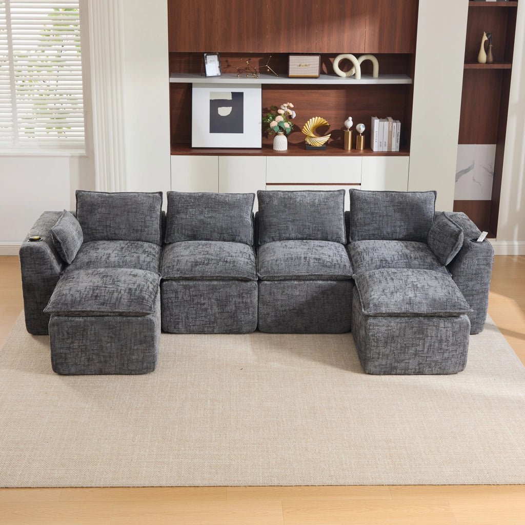 Divano 4 Posti con Poggiapiedi, Cuscini e Portabicchieri ¨C MINIMAL ¨C Grigio Chenille