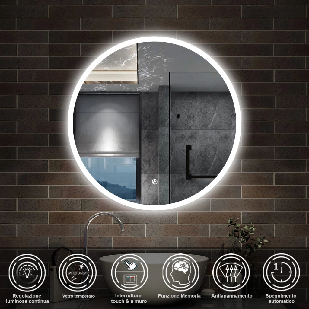 specchio 70 cm rotondo con luce led antiappannamento e touch