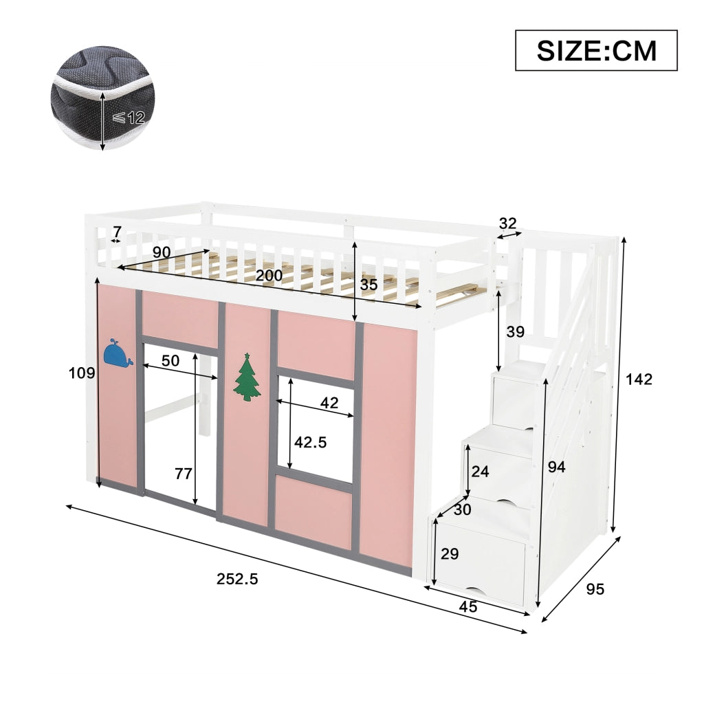 LETTO A SOPPALCO 90x200 cm Bianco e Rosa con scala contenitore