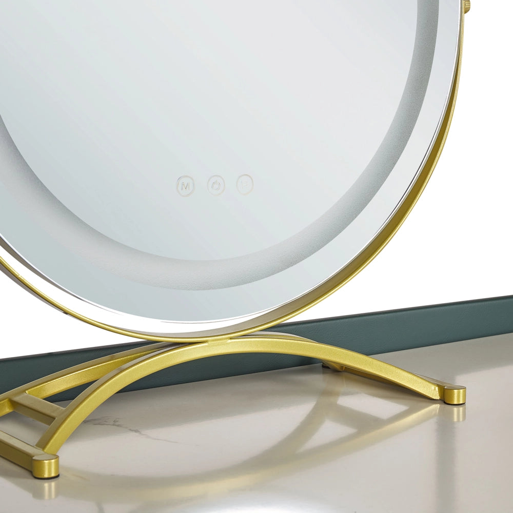 Toeletta con 2 cassetti specchio LED verde e oro con sgabello camera da letto elegante