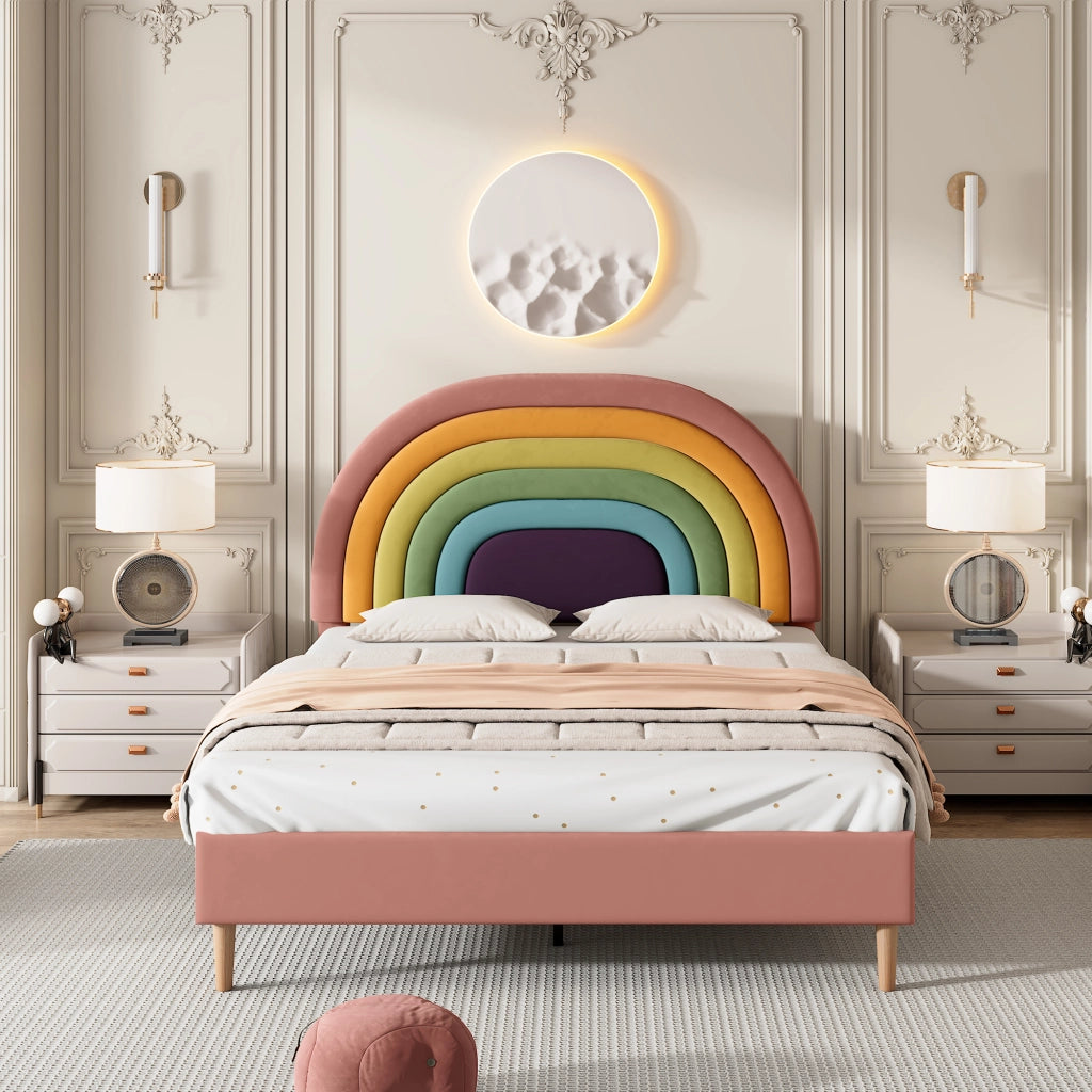 Letto imbottito 140x200 cm in velluto rosa con rete a doghe, testiera regolabile e struttura robusta