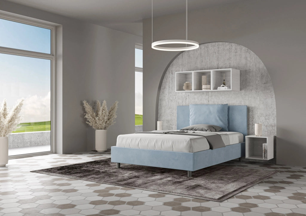 BS COM Letto una piazza e mezza contenitore imbottito 130x200 microfibra azzurro
