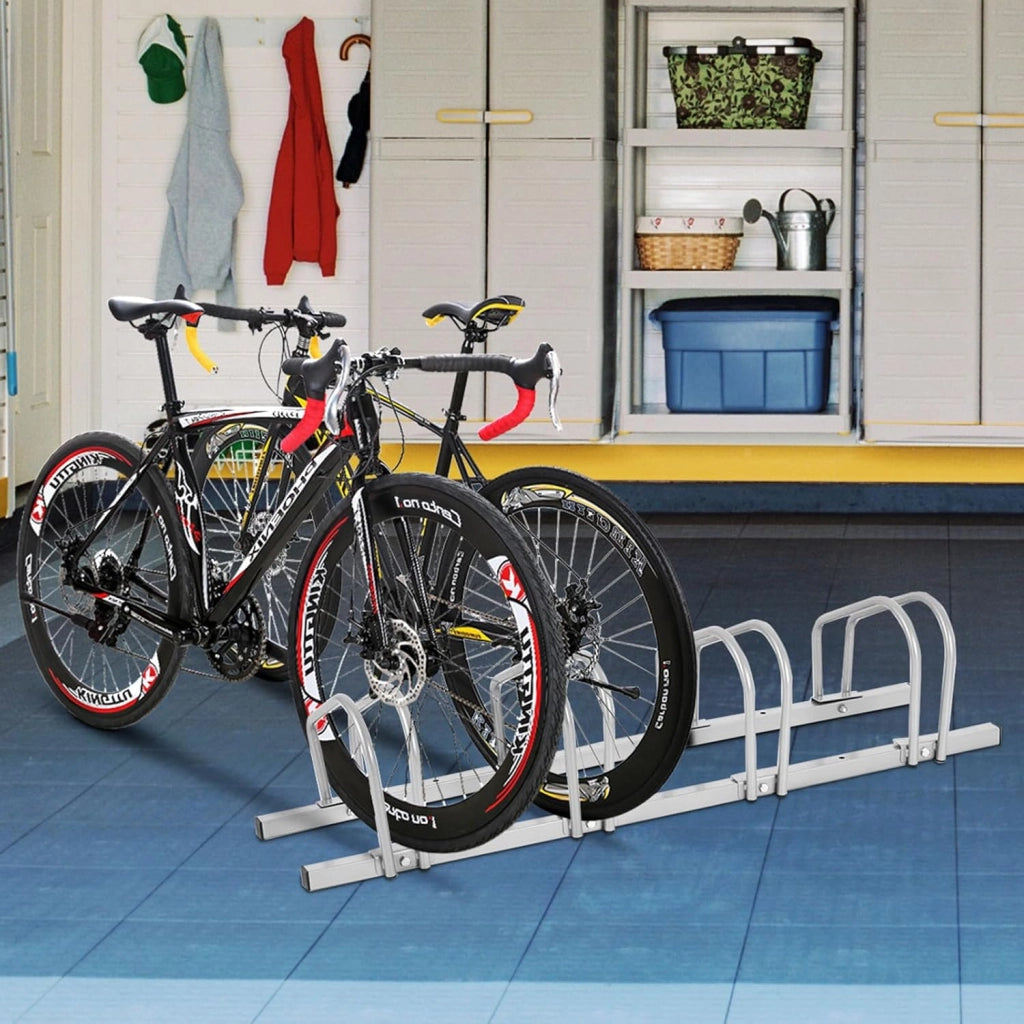 Rastrelliera per Biciclette, Portabiciclette Parcheggio Organizzatore per 4/5/6 Bici, Parcheggio per Biciclette, Telaio d'Acciaio (Argento, 4 Bici)