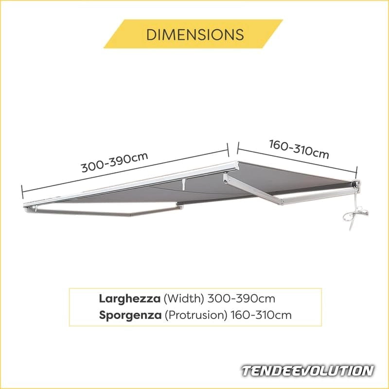 Tenda da Sole a Bracci Estensibili Tempotest Para', col. Panna 15/93, Largh. 3,6m x Sporgenza 1.60m con Mantovana Ondulata - Arganello Destro