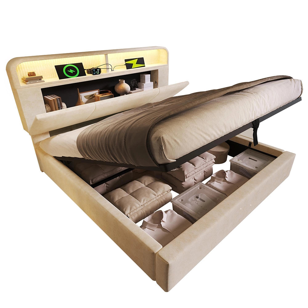 Letto 140x200cm?- Xylo - idraulico LED USB velluto beige